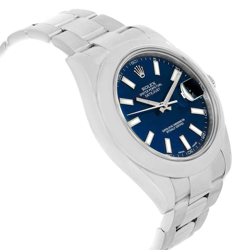 The image shows a Rolex Datejust 41 watch with a blue dial, partially angled view, showcasing the bracelet and case.