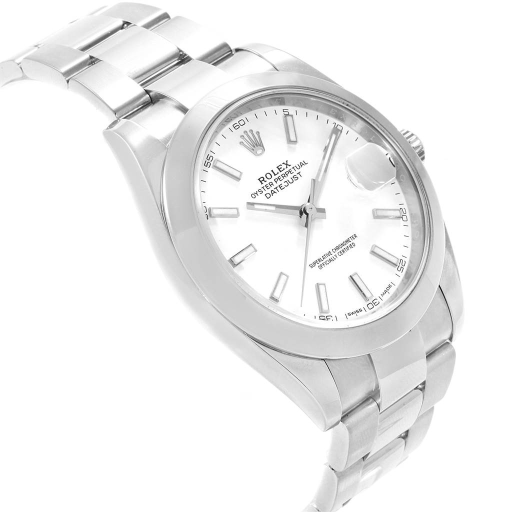 The image shows a side angle view of the Rolex Datejust 41 126300 Men's Stainless Steel White Dial 126300 Men's Stainless Steel White Dial watch, highlighting the bracelet, face, and bezel.