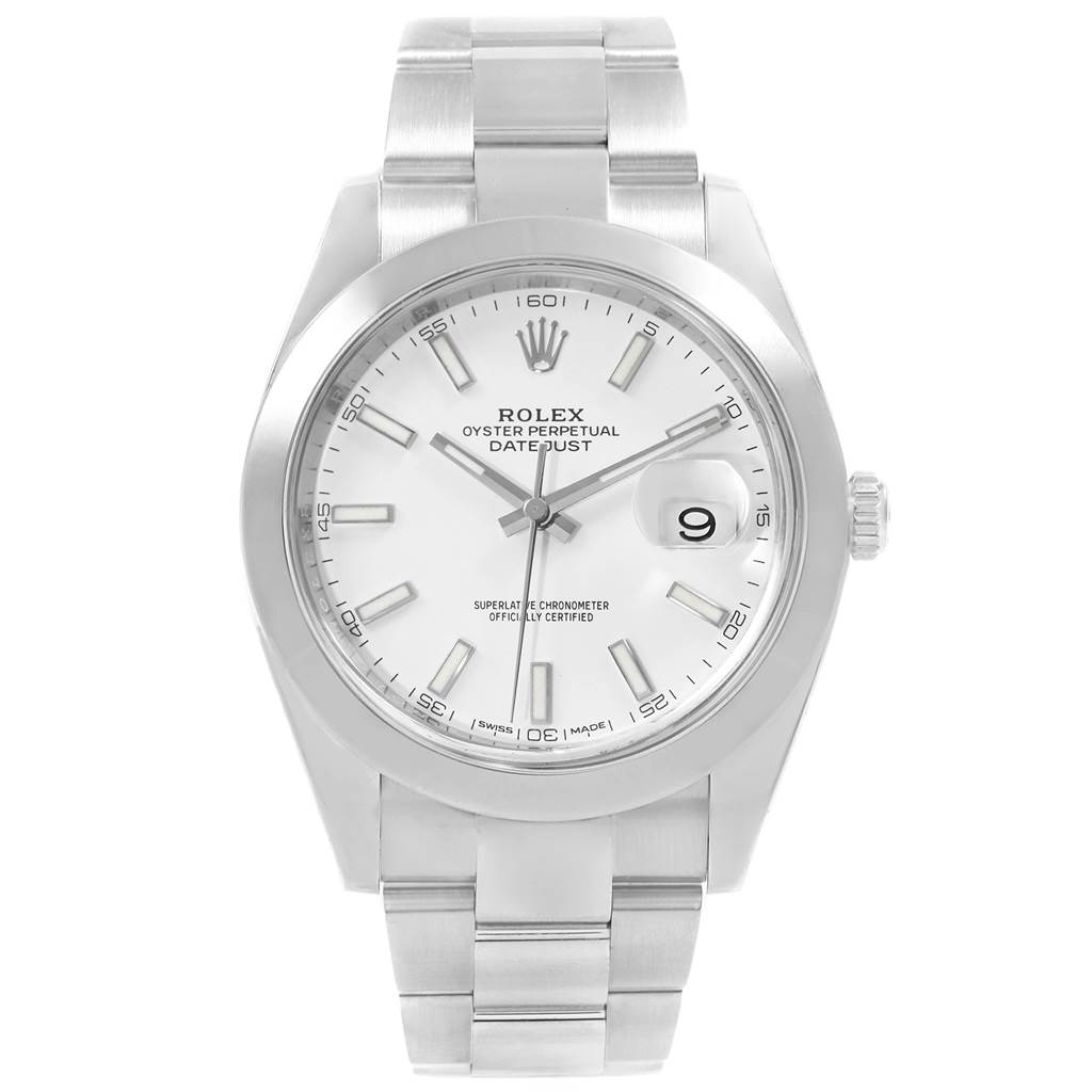 This image shows a front angle of a Rolex Datejust 41 126300 Men's Stainless Steel White Dial 126300 Men's Stainless Steel White Dial model, displaying the dial, bezel, bracelet, and crown.