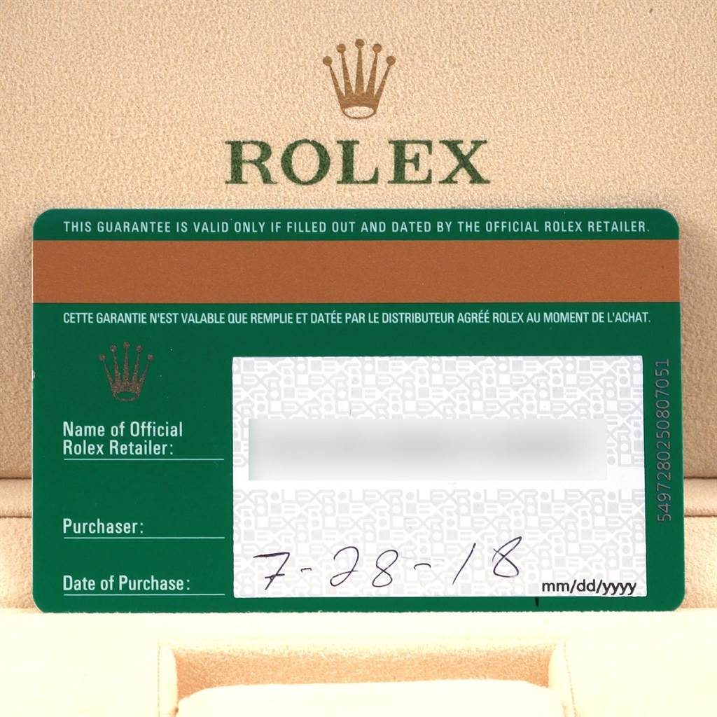 This image shows the guarantee card for the Rolex Datejust 41 126300 Men's Stainless Steel White Dial 126300 Men's Stainless Steel White Dial watch, dated 7-28-18.