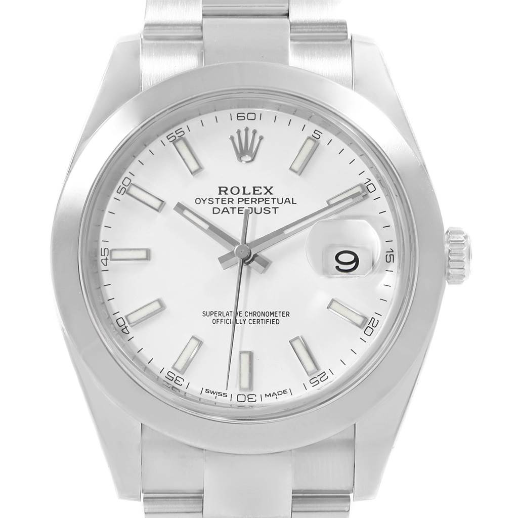 The image shows a front view of a Rolex Datejust 41 126300 Men's Stainless Steel White Dial 126300 Men's Stainless Steel White Dial watch with a white dial and silver bracelet.