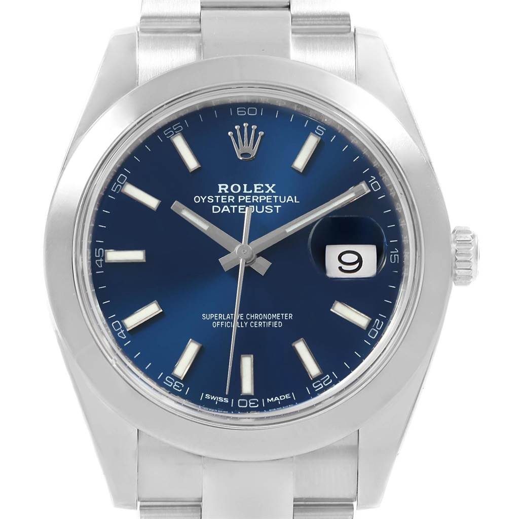 This image shows a front view of the Rolex Datejust 41 126300 Men's Stainless Steel Blue Dial 126300 Men's Stainless Steel Blue Dial watch, highlighting its dial, hands, date display, and stainless steel bracelet.