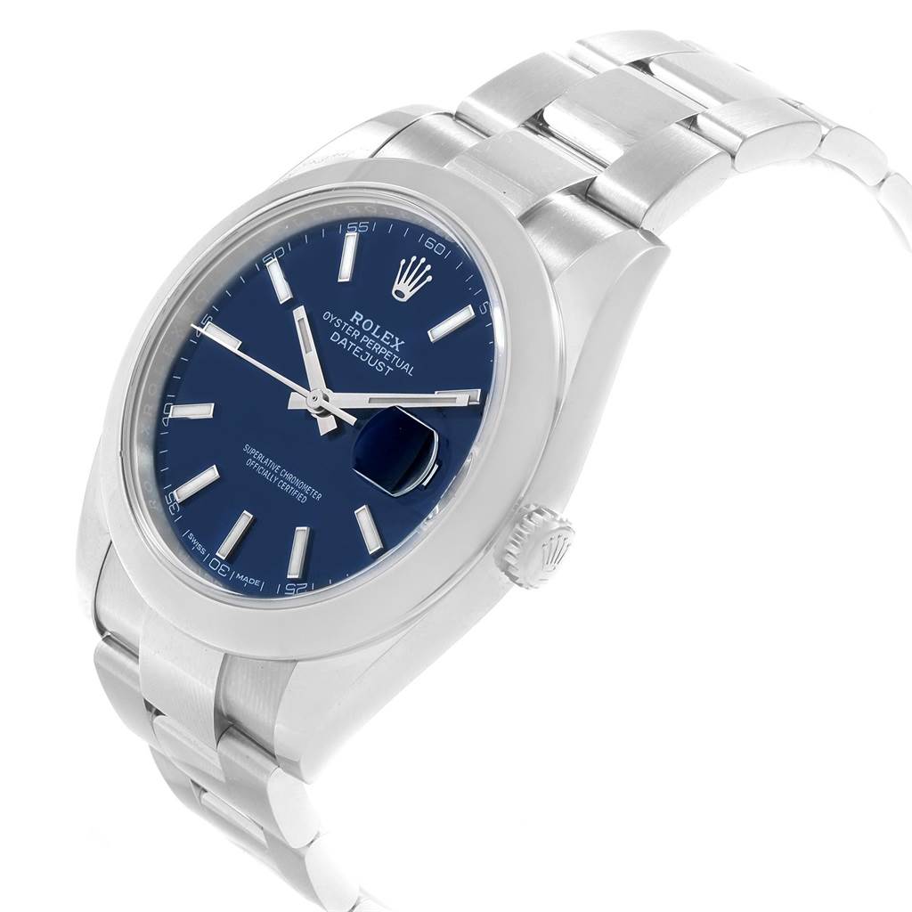 The Rolex Datejust 41 126300 Men's Stainless Steel Blue Dial 126300 Men's Stainless Steel Blue Dial is shown at a 3/4 angle, highlighting its blue dial, bracelet, and crown.