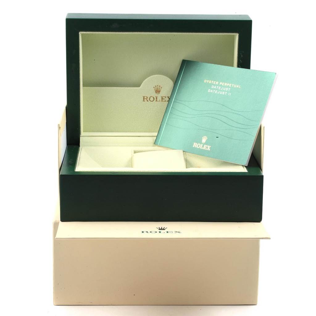 The image shows the open box and booklet for a Rolex Datejust 41 126300 Men's Stainless Steel Blue Dial 126300 Men's Stainless Steel Blue Dial watch, viewed from the front.