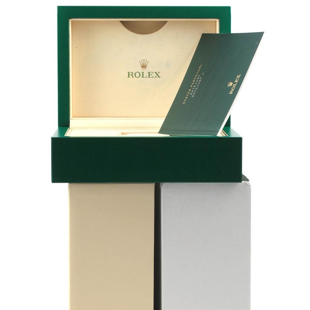 The image shows the open box and warranty card for the Rolex Datejust 41 126300 Men's Stainless Steel Silver Dial 126300 Men's Stainless Steel Silver Dial.