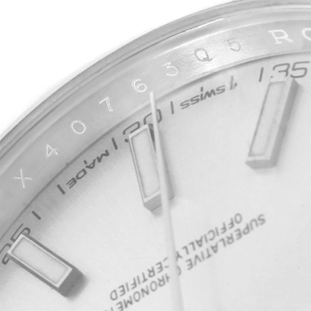The image shows a close-up of the dial and marker details of the Rolex Datejust 41 126300 Men's Stainless Steel Silver Dial 126300 Men's Stainless Steel Silver Dial watch, highlighting the Swiss Made text and hour markers.