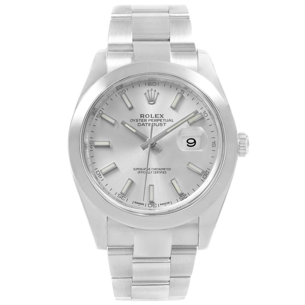 This image shows a front view of the Rolex Datejust 41 126300 Men's Stainless Steel Silver Dial 126300 Men's Stainless Steel Silver Dial watch, displaying its dial, bracelet, sapphire crystal, and crown.