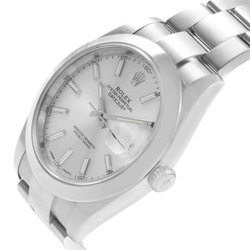 The Rolex Datejust 41 126300 Men's Stainless Steel Silver Dial 126300 Men's Stainless Steel Silver Dial watch is shown at a slight angle, displaying its face, crown, and part of the bracelet.