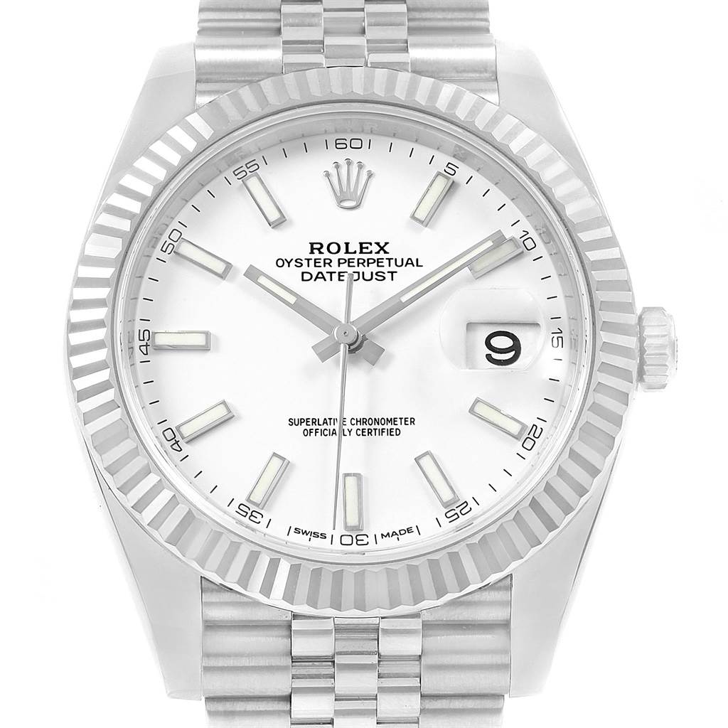 This image shows a frontal view of the Rolex Datejust 41 126334 Men's Stainless Steel White Dial 126334 Men's Stainless Steel White Dial, highlighting the dial, bezel, hands, and part of the bracelet.