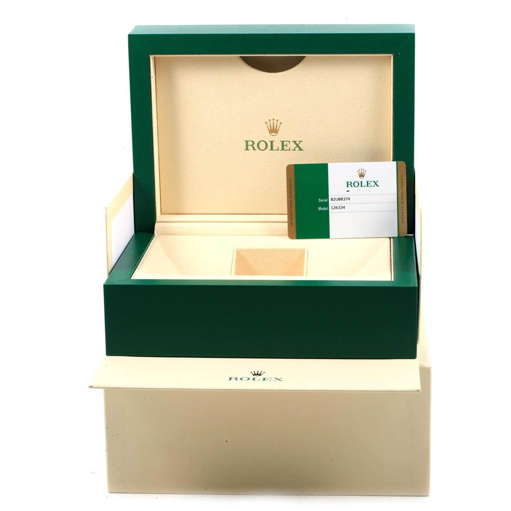 The image shows the packaging box and warranty card for a Rolex Datejust 41 126334 Men's Stainless Steel White Dial 126334 Men's Stainless Steel White Dial watch, viewed from the front.
