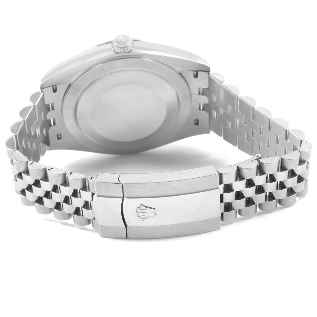 The image shows the back of a Rolex Datejust 41 126334 Men's Stainless Steel White Dial 126334 Men's Stainless Steel White Dial watch, highlighting its caseback, crown, and Jubilee bracelet with a clasp.