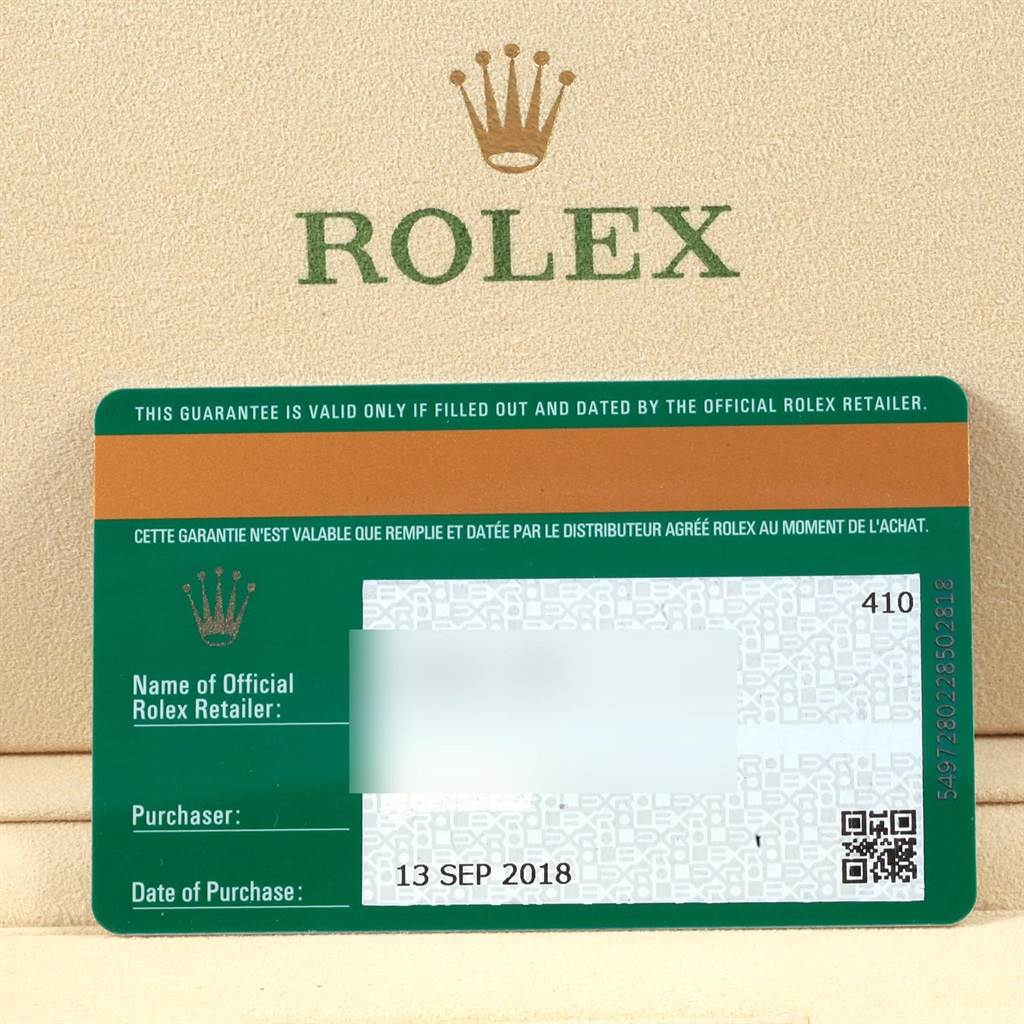 This image shows the warranty card of a Rolex Datejust 41 126334 Men's Stainless Steel White Dial 126334 Men's Stainless Steel White Dial model, featuring the Rolex logo and purchase details.