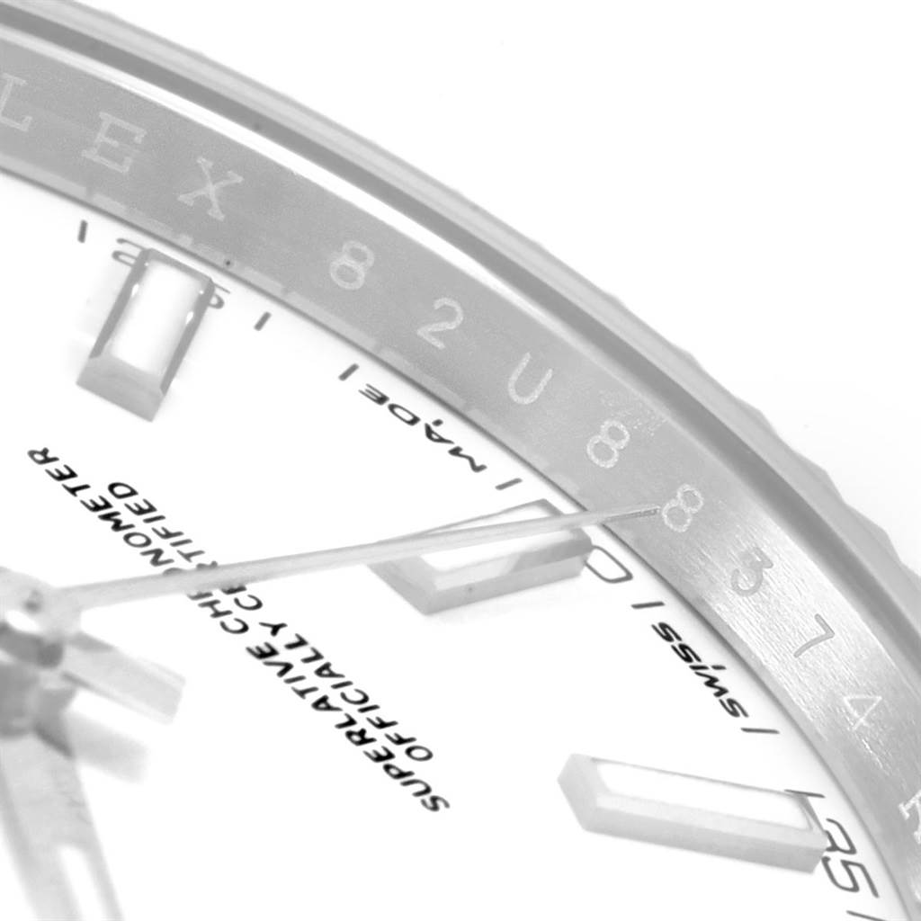 This is a close-up angle showing the dial and part of the bezel of the Rolex Datejust 41 126334 Men's Stainless Steel White Dial 126334 Men's Stainless Steel White Dial watch, highlighting the markers and text.