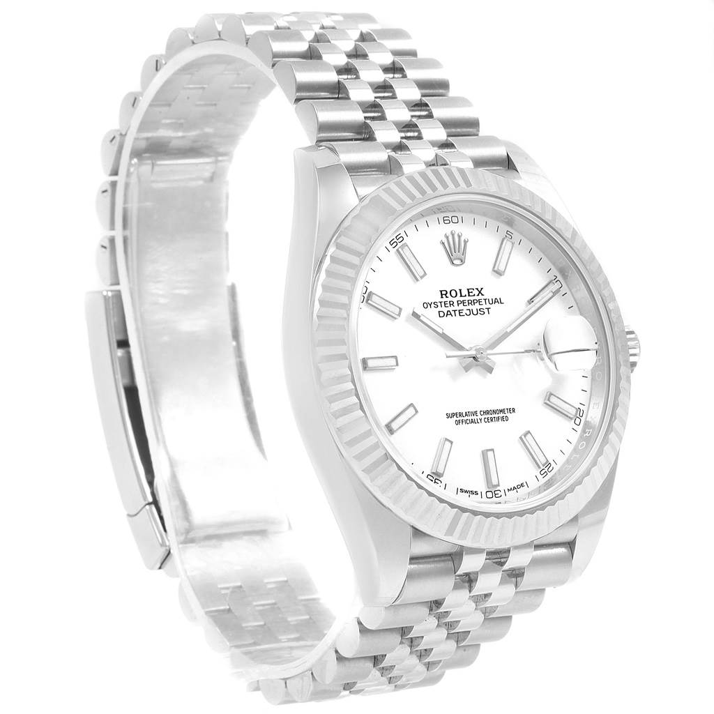 The image shows a Rolex Datejust 41 126334 Men's Stainless Steel White Dial 126334 Men's Stainless Steel White Dial watch at a slight angle, highlighting the dial, bezel, bracelet, and clasp.