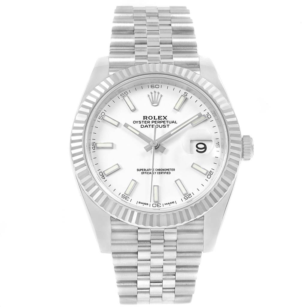 This image shows a front angle of the Rolex Datejust 41 126334 Men's Stainless Steel White Dial 126334 Men's Stainless Steel White Dial, highlighting its dial, bracelet, bezel, and crown.