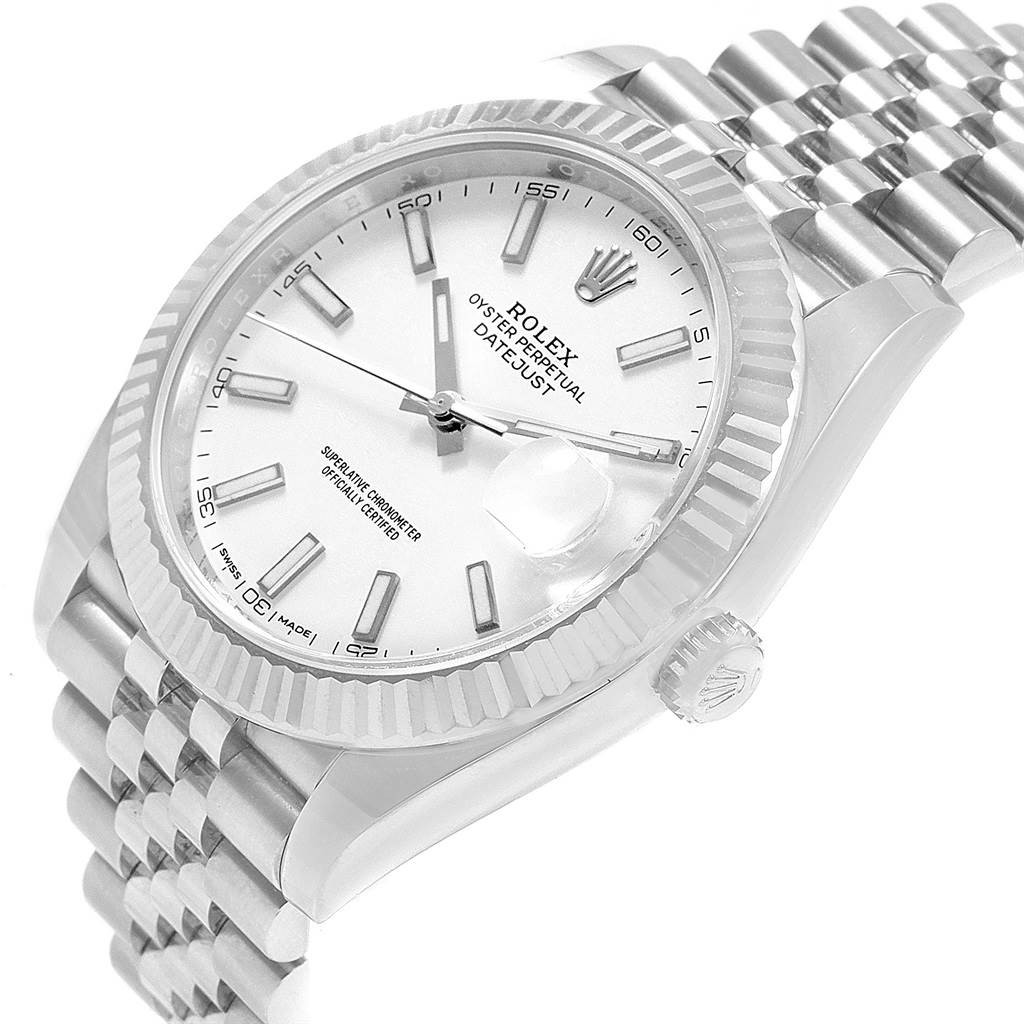This image shows a Rolex Datejust 41 126334 Men's Stainless Steel White Dial 126334 Men's Stainless Steel White Dial model watch, focusing on the dial, bezel, and part of the bracelet, from an angled view.