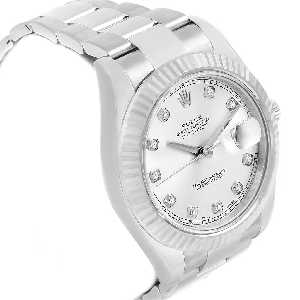 The image shows a side and front angle view of the Rolex Datejust 41 116334 Men's Stainless Steel Silver Dial 116334 Men's Stainless Steel Silver Dial watch, highlighting its bezel, dial, and bracelet.