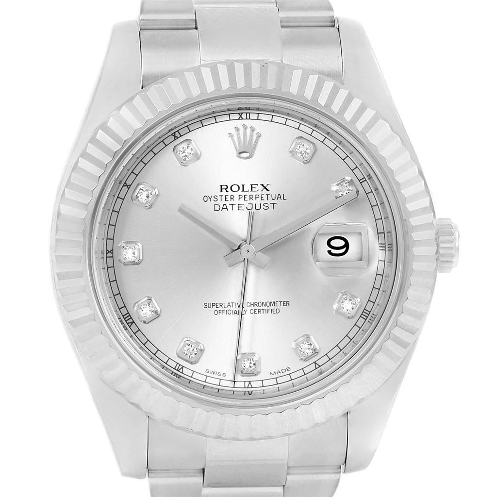 This image shows a front view of the Rolex Datejust 41 116334 Men's Stainless Steel Silver Dial 116334 Men's Stainless Steel Silver Dial watch, highlighting the dial, hands, date window, and bezel.