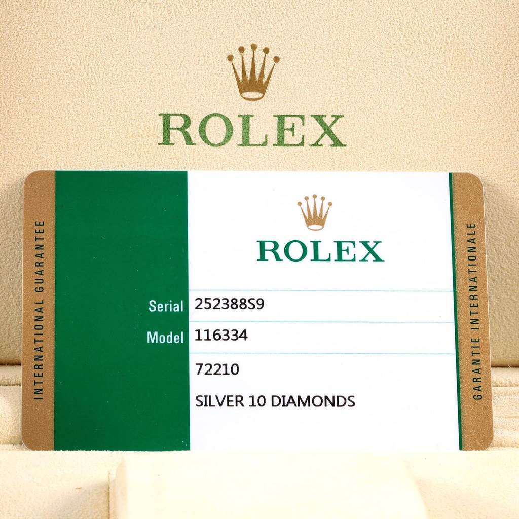 The image shows an international guarantee card for a Rolex Datejust 41 116334 Men's Stainless Steel Silver Dial 116334 Men's Stainless Steel Silver Dial model.