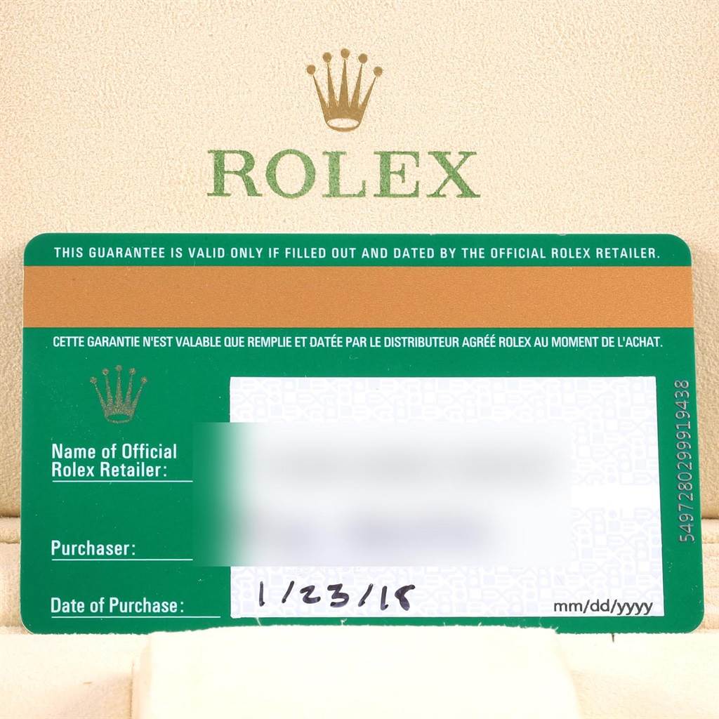 The image shows a Rolex guarantee card for a Datejust 41 model, with the Rolex logo, retailer information, and purchase date.