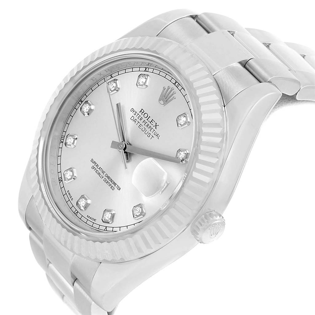 The image shows a Rolex Datejust 41 116334 Men's Stainless Steel Silver Dial 116334 Men's Stainless Steel Silver Dial watch from an angled side view, displaying the dial, fluted bezel, and part of the bracelet.