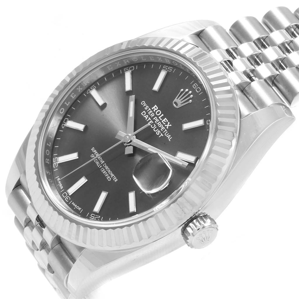 The image shows a close-up angled view of the face and bracelet of the Rolex Datejust 41 126334 Men's Stainless Steel Grey Dial 126334 Men's Stainless Steel Grey Dial watch.
