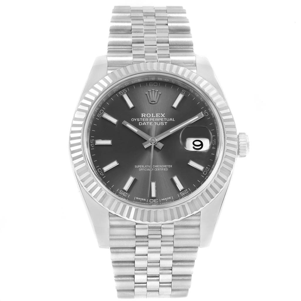 This image shows a front view of the Rolex Datejust 41 126334 Men's Stainless Steel Grey Dial 126334 Men's Stainless Steel Grey Dial watch, highlighting the dial, bezel, and bracelet.