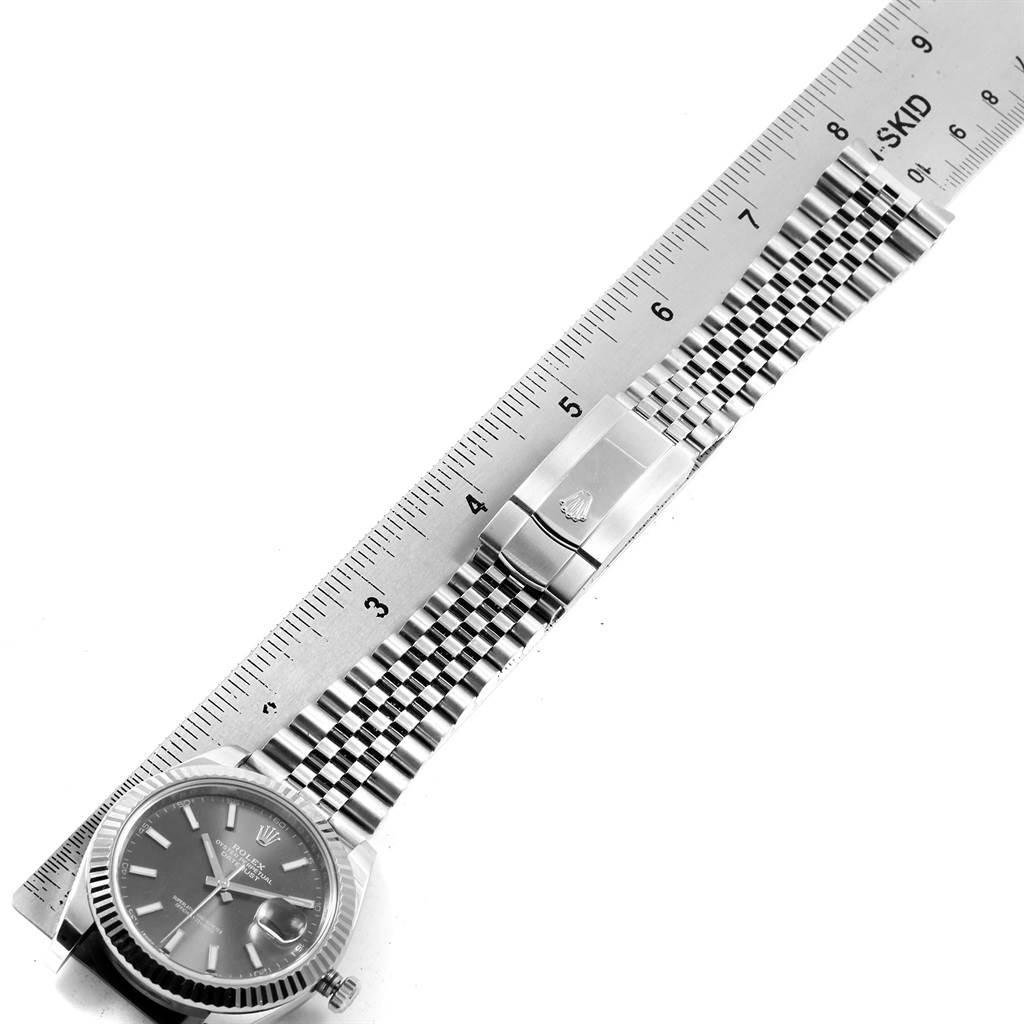The image shows a Rolex Datejust 41 126334 Men's Stainless Steel Grey Dial 126334 Men's Stainless Steel Grey Dial watch face, bracelet, and clasp, along with a ruler measuring the bracelet length.