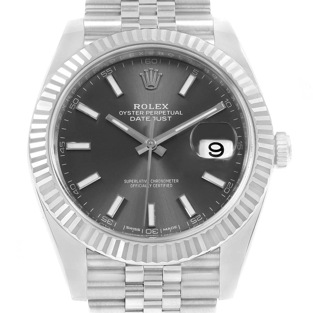 This image shows a front view of the Rolex Datejust 41 126334 Men's Stainless Steel Grey Dial 126334 Men's Stainless Steel Grey Dial watch, highlighting its dial, fluted bezel, and bracelet.