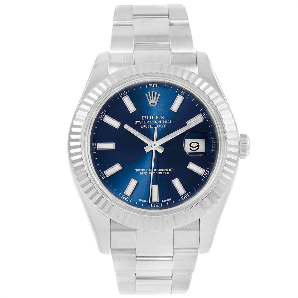 This image shows the front view of a Rolex Datejust 41 116334 Men's Stainless Steel Blue Dial 116334 Men's Stainless Steel Blue Dial watch, highlighting the blue dial, fluted bezel, and Oyster bracelet.