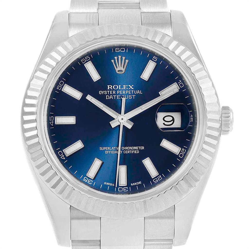 The image shows a front view of a Rolex Datejust 41 116334 Men's Stainless Steel Blue Dial 116334 Men's Stainless Steel Blue Dial watch, highlighting its blue dial, fluted bezel, and date window.
