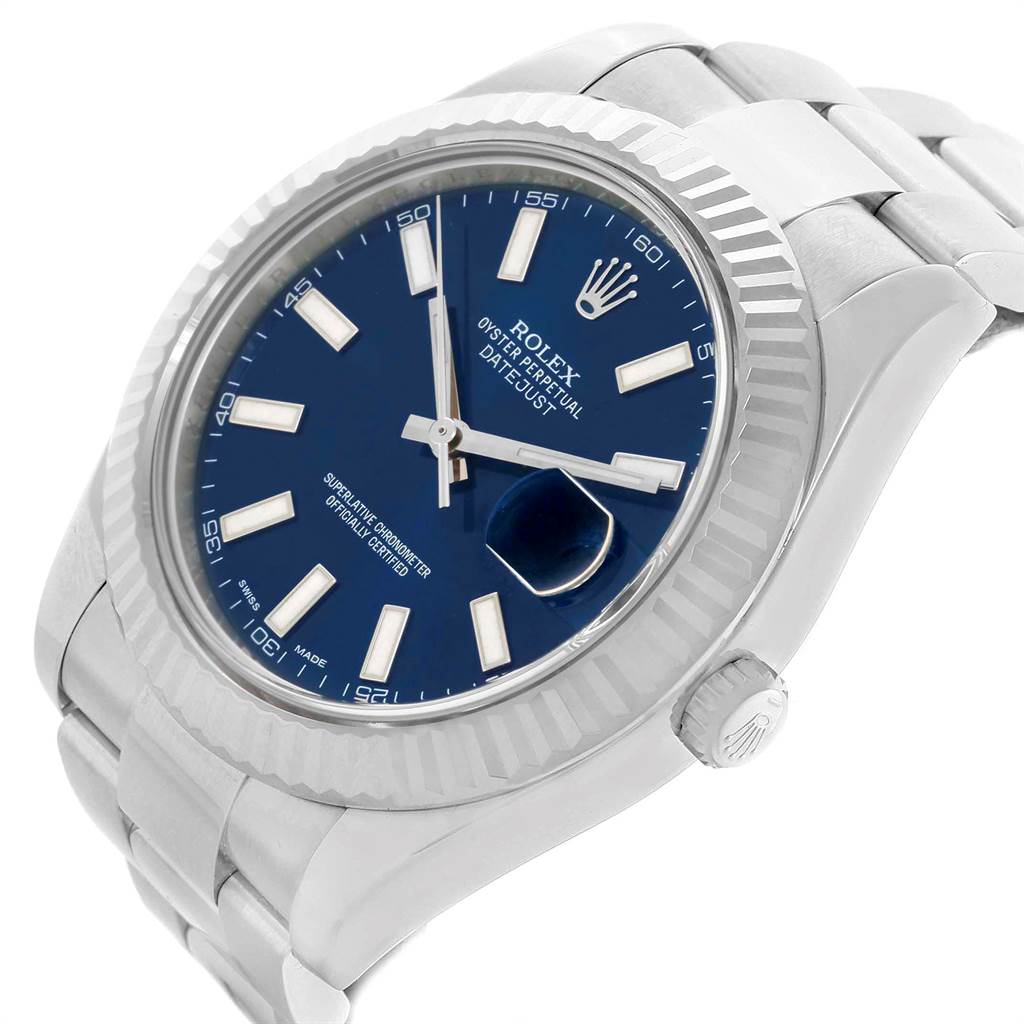 The image shows a Rolex Datejust 41 116334 Men's Stainless Steel Blue Dial 116334 Men's Stainless Steel Blue Dial watch angled from the front, highlighting the dial, bezel, and part of the bracelet.