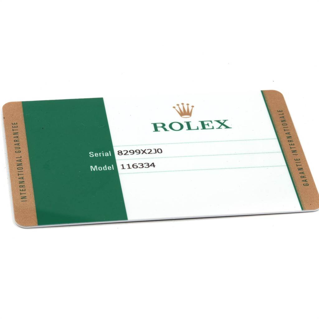 The image shows the international guarantee card for a Rolex Datejust 41 116334 Men's Stainless Steel Blue Dial 116334 Men's Stainless Steel Blue Dial model.