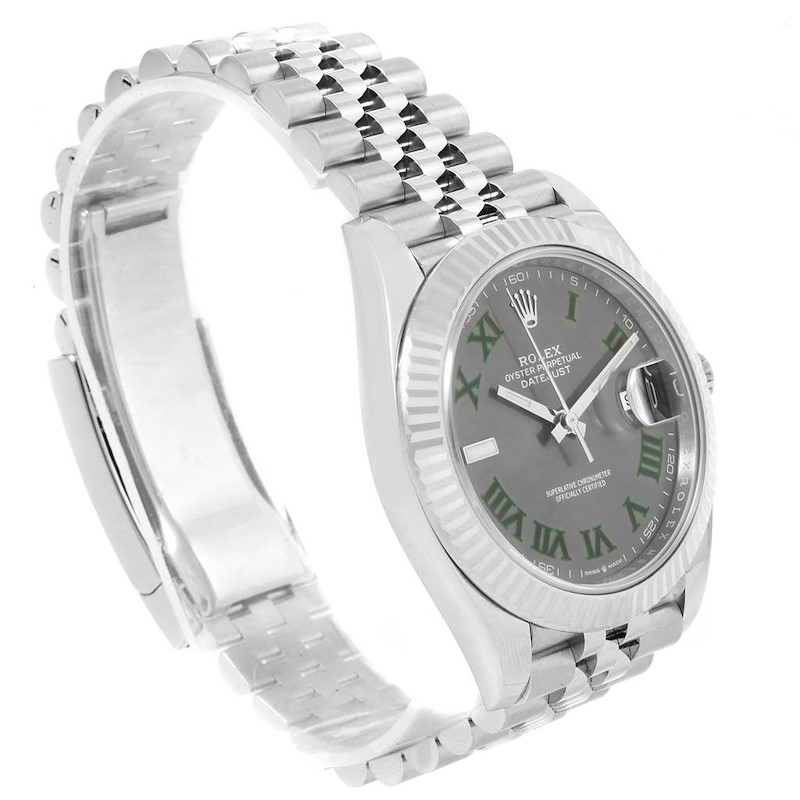 The Rolex Datejust 41 watch is shown at an angled view, showcasing its dial, bezel, and bracelet.