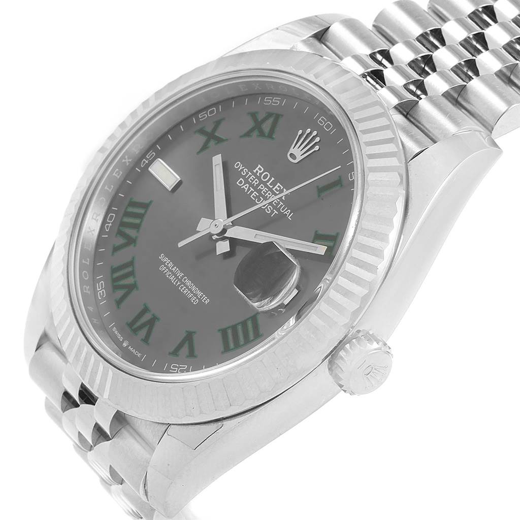 This image shows a side angle view of the Rolex Datejust 41 126334 Men's Stainless Steel Grey Dial 126334 Men's Stainless Steel Grey Dial, highlighting the dial, bezel, crown, and bracelet.