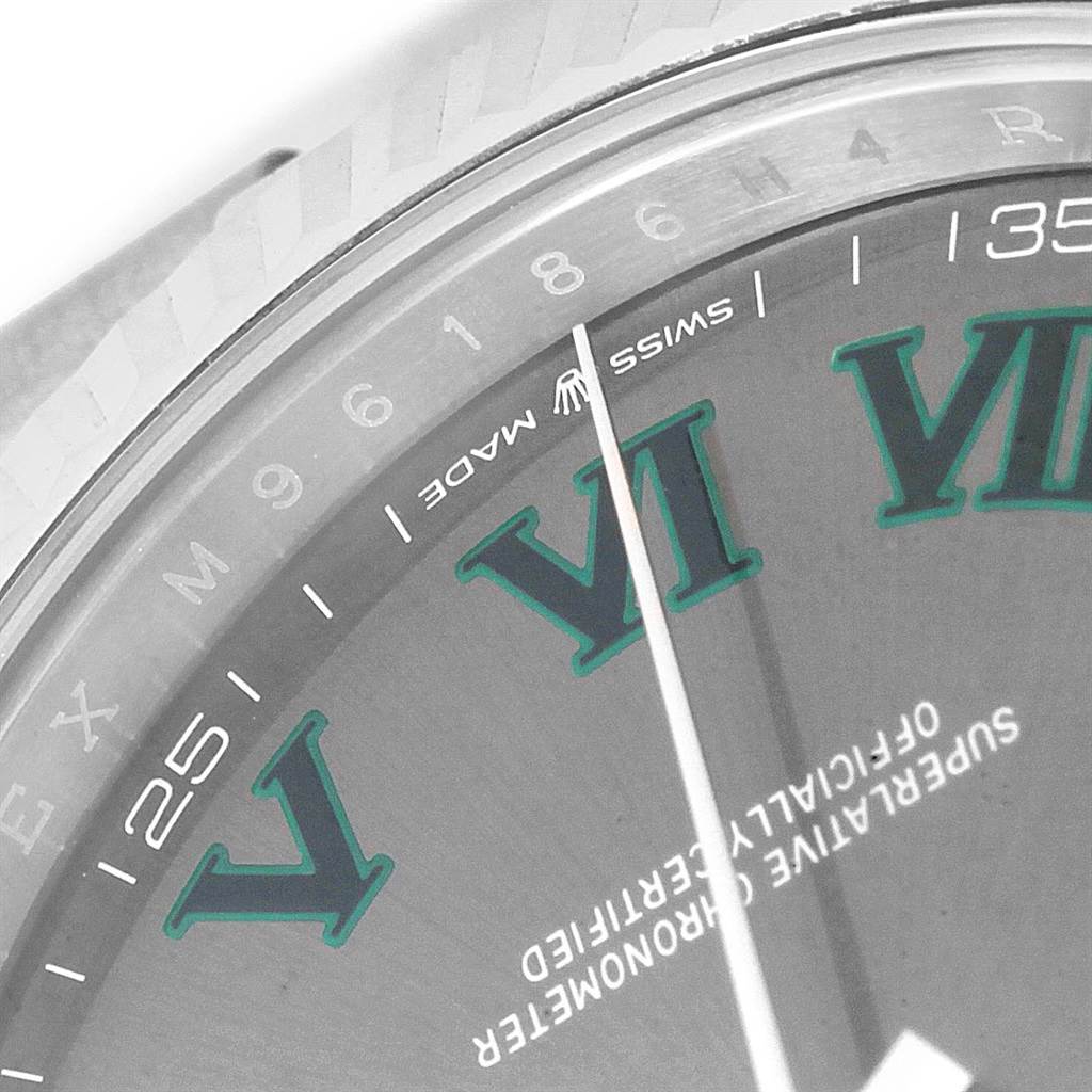 The image shows a close-up of the dial and bezel of the Rolex Datejust 41 126334 Men's Stainless Steel Grey Dial 126334 Men's Stainless Steel Grey Dial, featuring Roman numerals and the "Swiss Made" marking.