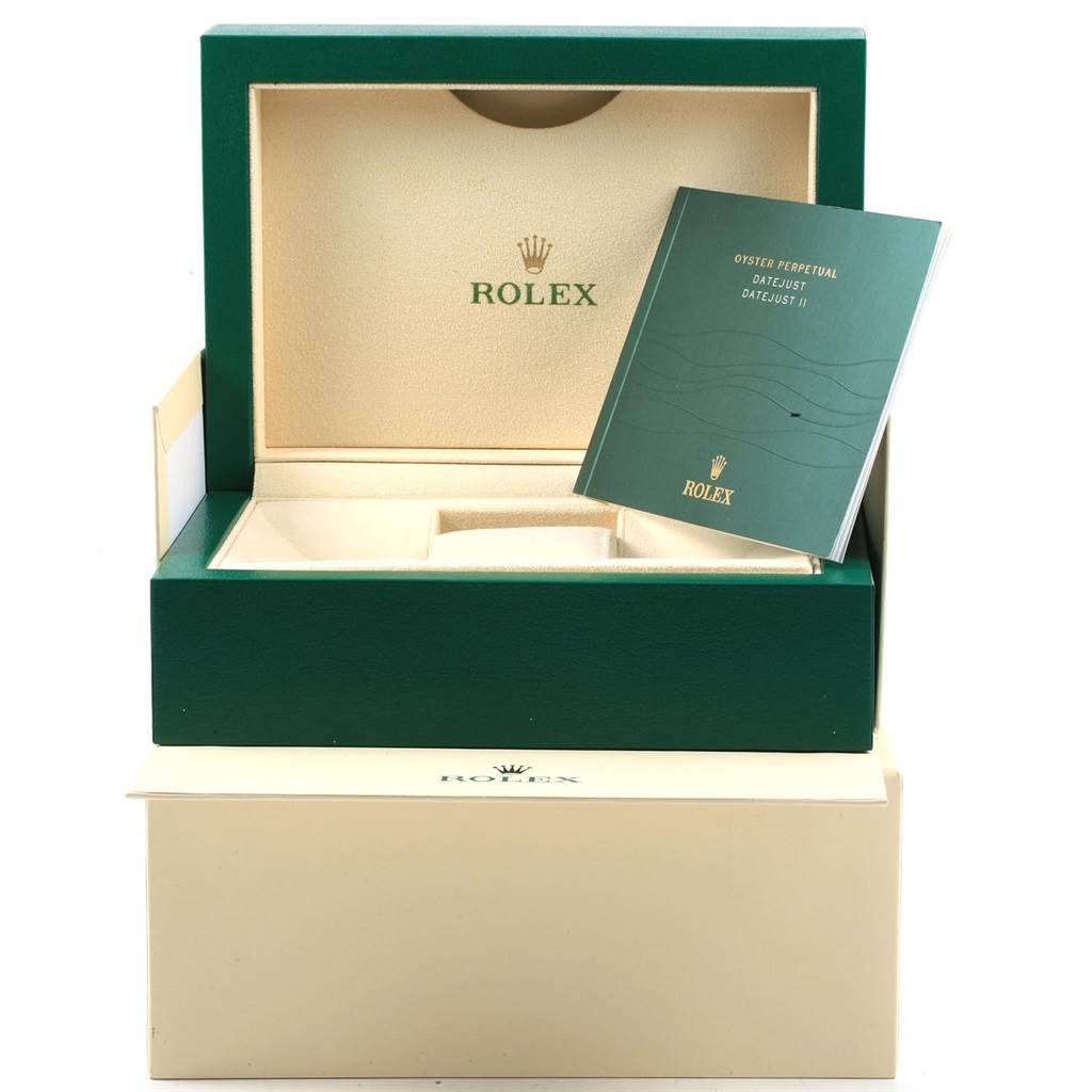 The image shows the box and interior packaging for a Rolex Datejust 41 126334 Men's Stainless Steel Grey Dial 126334 Men's Stainless Steel Grey Dial watch, including the booklet.