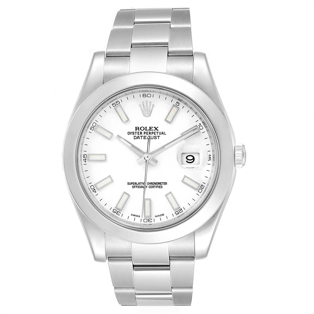 The image shows a front view of a Rolex Datejust 41 116300 Men's Stainless Steel White Dial 116300 Men's Stainless Steel White Dial watch, displaying its dial, hour markers, hands, date window, and bracelet.