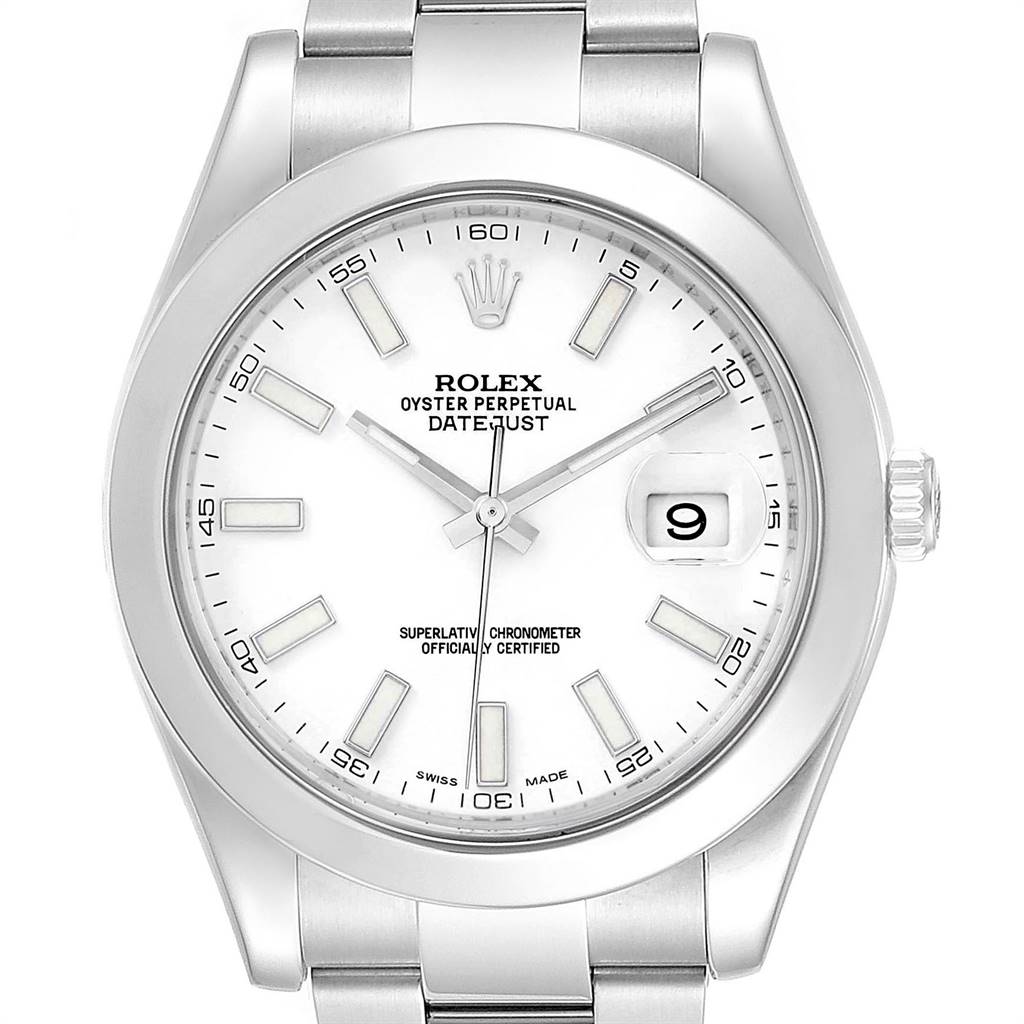 The image shows a front view of the Rolex Datejust 41 116300 Men's Stainless Steel White Dial 116300 Men's Stainless Steel White Dial watch, highlighting its dial, hands, date window, bezel, and part of the bracelet.