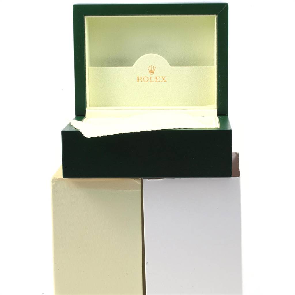 The image shows an open Rolex watch box for the Datejust 41 model, displaying the interior with the Rolex logo.