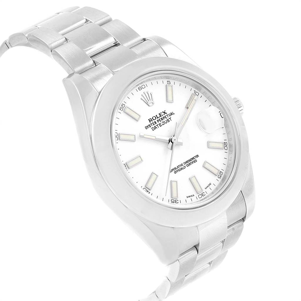 The Rolex Datejust 41 116300 Men's Stainless Steel White Dial 116300 Men's Stainless Steel White Dial watch is shown at a three-quarter angle, highlighting its bezel, dial, bracelet, and crown.