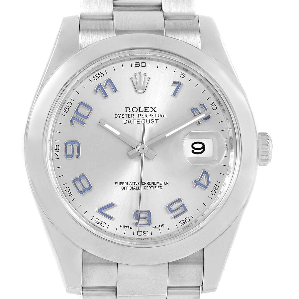The image shows a frontal view of a Rolex Datejust 41 116300 Men's Stainless Steel Silver Dial 116300 Men's Stainless Steel Silver Dial watch, highlighting the dial, hands, crown, and part of the bracelet.