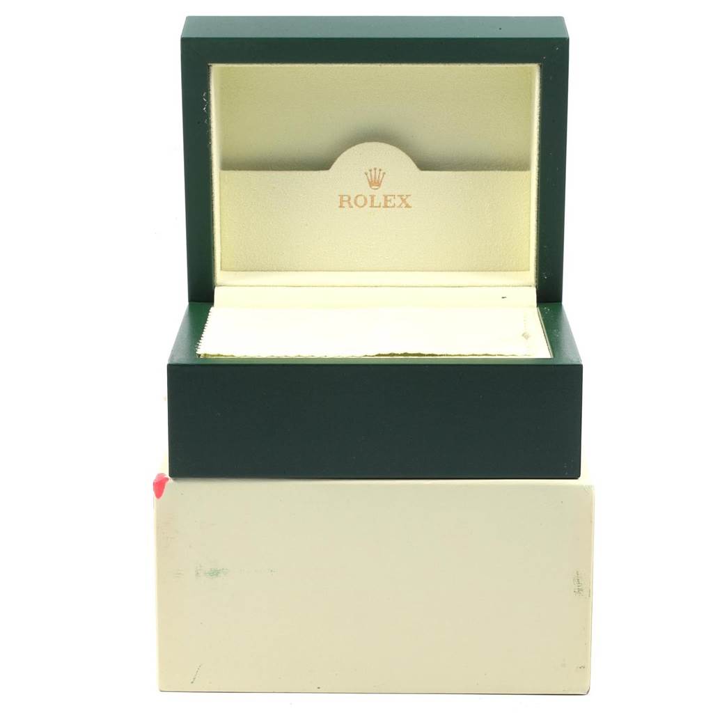 The image shows an open green and beige Rolex Datejust 41 116300 Men's Stainless Steel Silver Dial 116300 Men's Stainless Steel Silver Dial watch box viewed from the front.