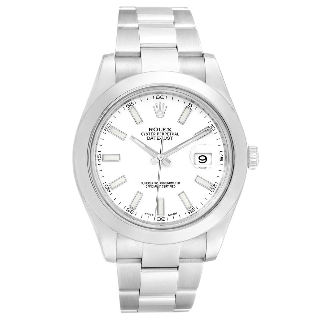 This is a front view of the Rolex Datejust 41 116300 Men's Stainless Steel White Dial 116300 Men's Stainless Steel White Dial model, showing the dial, bracelet, and crown.