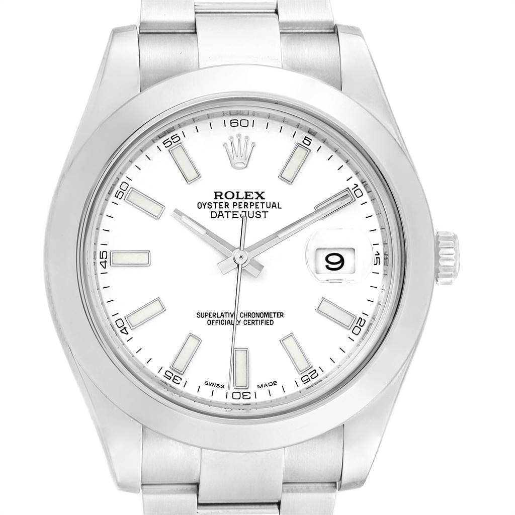 The image shows a frontal view of the Rolex Datejust 41 116300 Men's Stainless Steel White Dial 116300 Men's Stainless Steel White Dial watch, displaying its dial, bracelet, and crown.