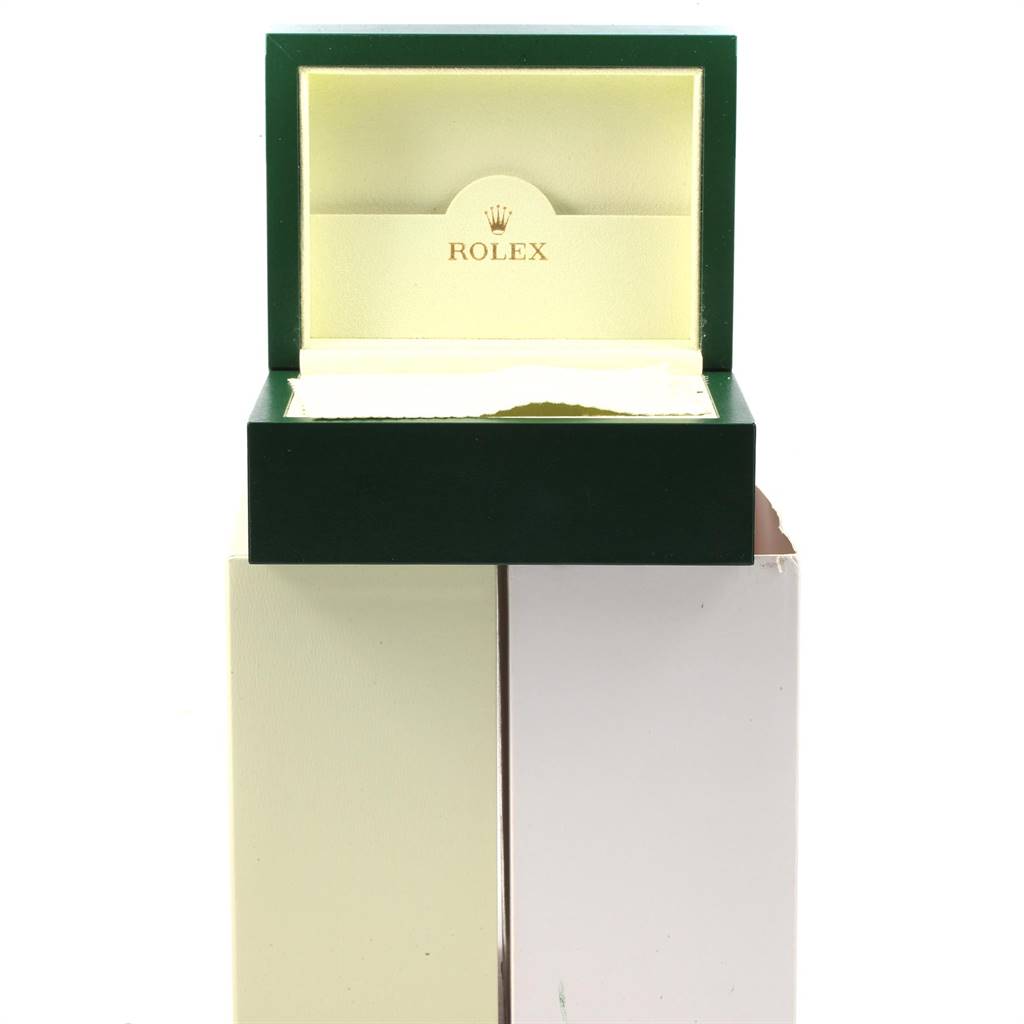 The image shows a partially open Rolex watch box, likely for a Datejust 41 model.