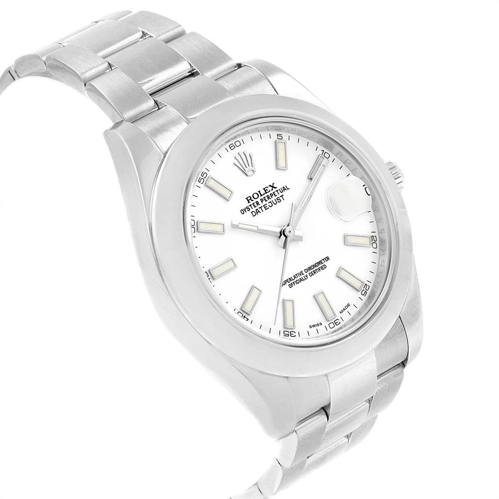 The image shows a Rolex Datejust 41 116300 Men's Stainless Steel White Dial 116300 Men's Stainless Steel White Dial watch from a slightly angled view, highlighting its white dial, bracelet, and case.