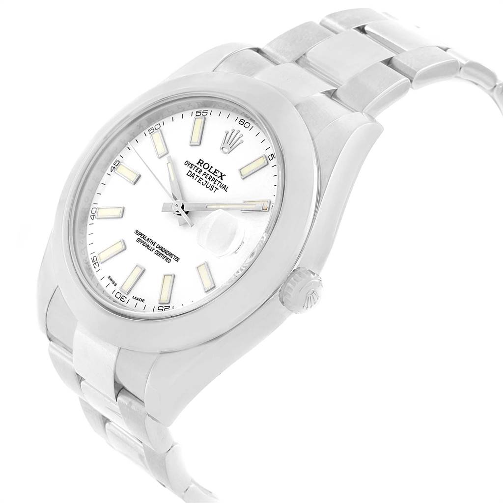 The image shows a Rolex Datejust 41 116300 Men's Stainless Steel White Dial 116300 Men's Stainless Steel White Dial model from a 3/4 angle, highlighting the dial, case, and bracelet.