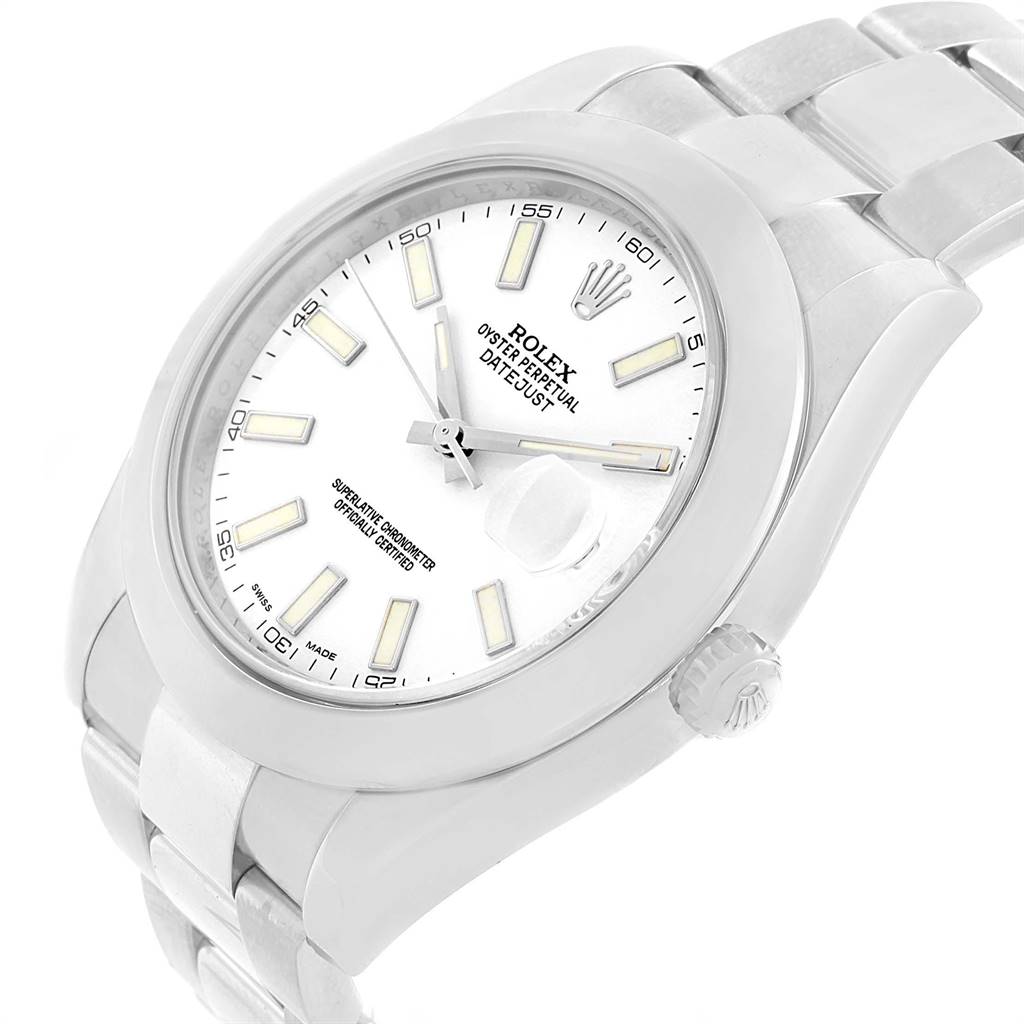 The image shows a Rolex Datejust 41 116300 Men's Stainless Steel White Dial 116300 Men's Stainless Steel White Dial model watch at a slight angle, highlighting the dial, bezel, crown, and part of the bracelet.
