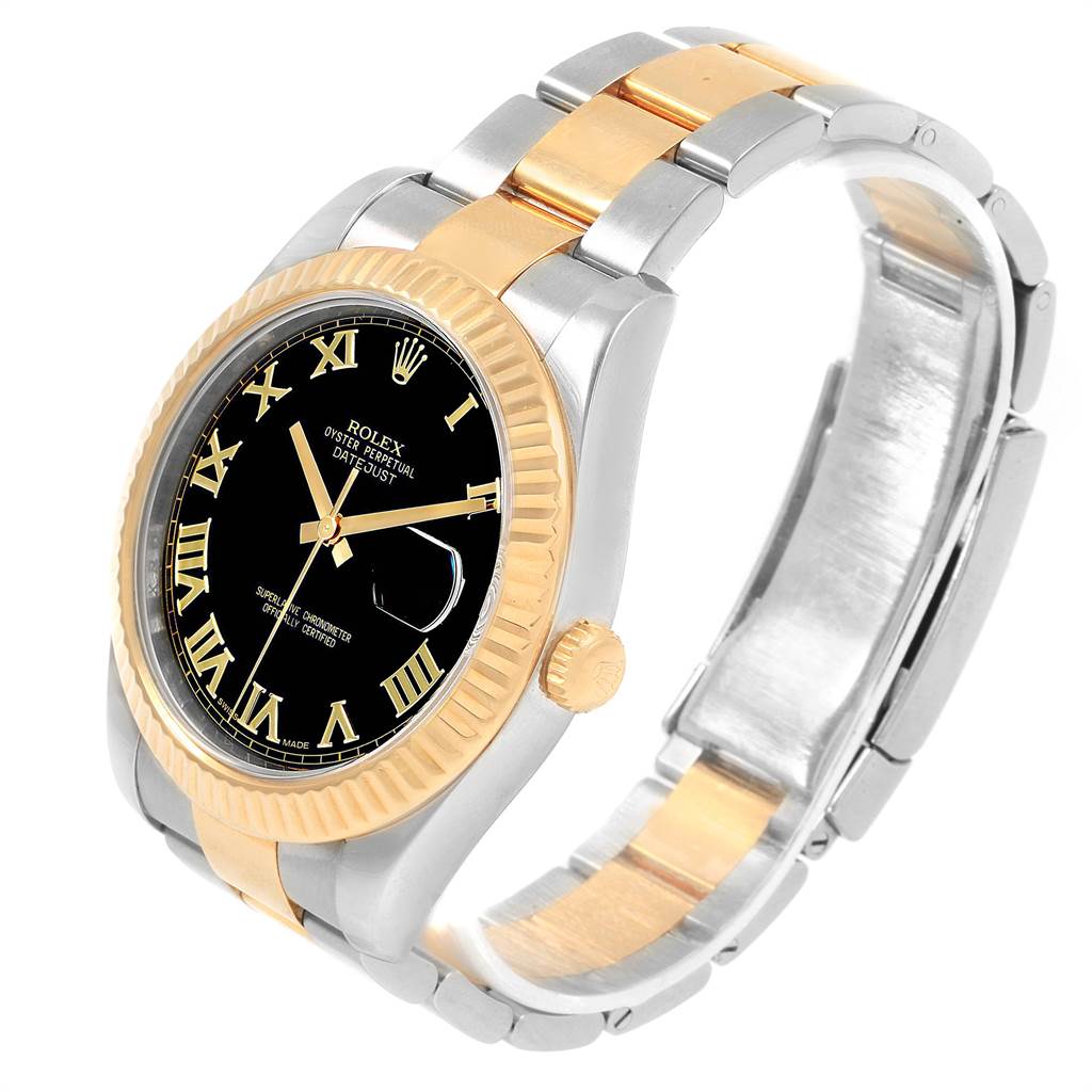 The Rolex Datejust 41 116333 Men's Steel and Gold (two tone) Black Dial 116333 Men's Steel and Gold (two tone) Black Dial watch is shown at a slight angle, highlighting its gold and silver band, black dial, and fluted bezel.